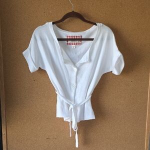 DECREE White Cotton Cottagecore Button‑Front Tie Waist Blouse Women’s Medium